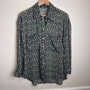 Zara Black and Green Paisley Button-Up Sheer Blouse Size Medium EUC